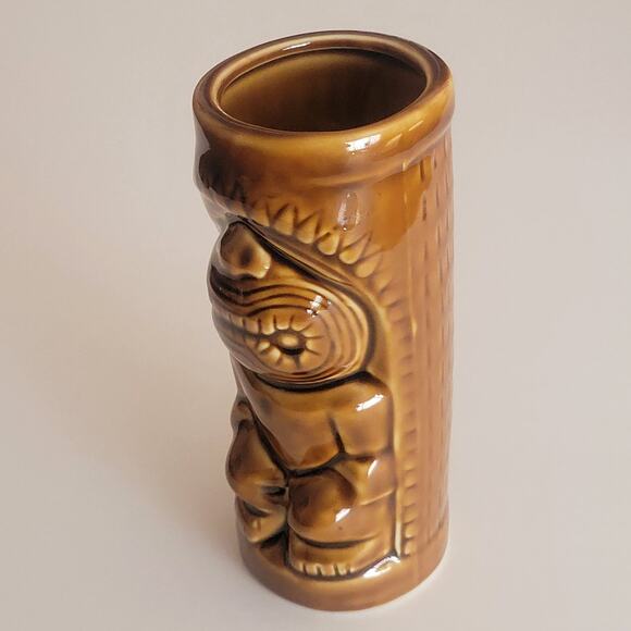 Hawaiian Polynesian Tiki Mug Cup  Vase Brown Barware Glazed  6 1/3" tall - Picture 4 of 8